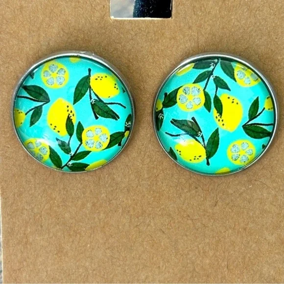 20mm Lemon Print Stainless Steel Stud Earrings, Unworn, Handmade, NWT - Picture 5 of 5
